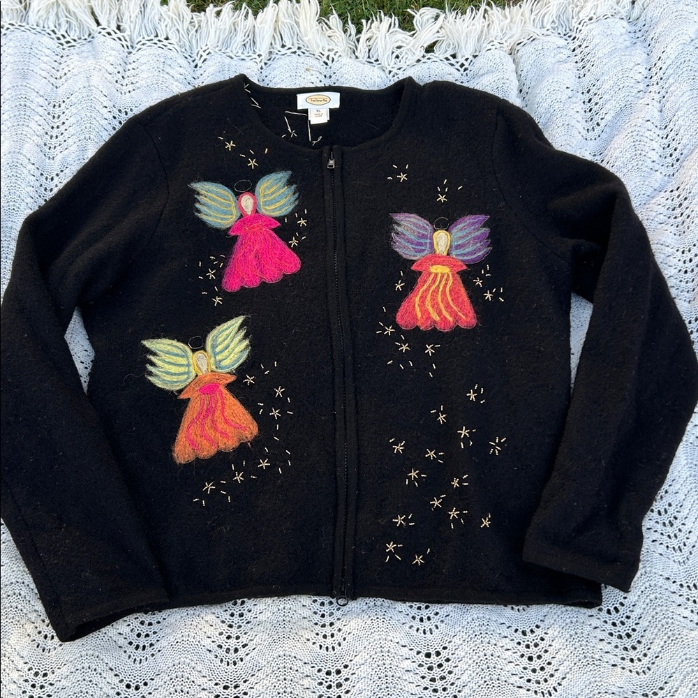 Vintage Talbots Hand Embroidered Zip-Front Wool Not Ugly Cardigan Sweater Sz XL